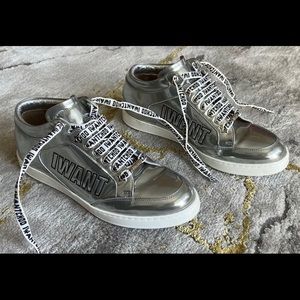 Jimmy Choo “I want” Miami Logo Liquod Metallic Metal Sweater 38.5 - 8 Silver